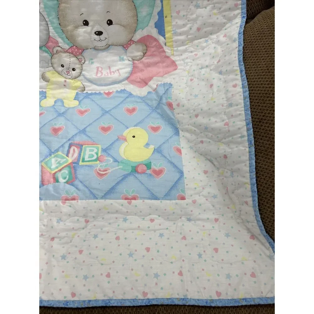 Grandma Handmade‎ Baby Quilt Bears Duck Blocks Elephant Blanket 33X42 Vintage